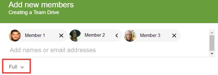 To the top left of the screen under the Team Drive Name, click +Add members. An Add new members screen will display. 3.