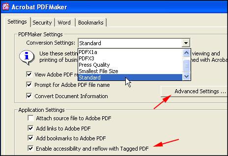 Within Word, from the menu, select Acrobat PDF Change conversion settings Settings tab Acrobat includes some conversion settings which will work for most situations.