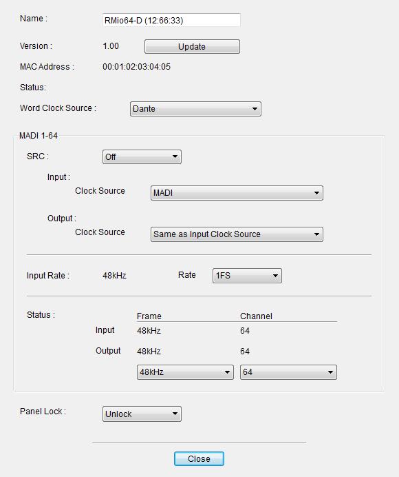 Added Support for RMio64-D (NUAGE Workgroup Manager) You can now control the RMio64-D Dante/MADI conversion audio interface remotely from NUAGE Workgroup Manager.