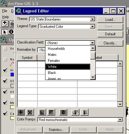 After scrolling through the data classification and symbolization options, click on the Graduated Color option. The Legend Editor window changes custom to the Graduated Color properties.