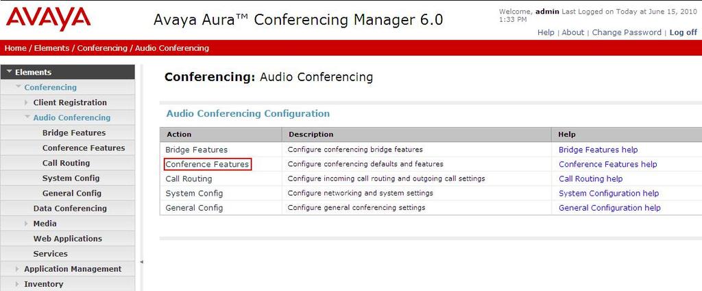 To enable Dial-Out from the Conferencing bridge to the Cisco Unified Communications Manager, configure the Originator Dial Out by selecting Elements Conferencing Audio Conferencing on the left