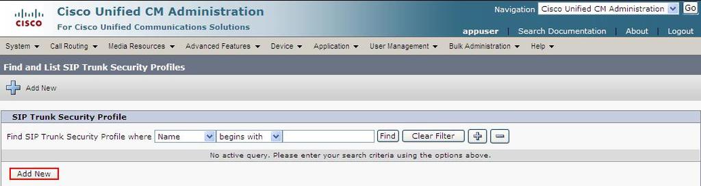 The SIP Trunk Security Profile screen is displayed. Click Add New to add a new SIP Trunk Security Profile.