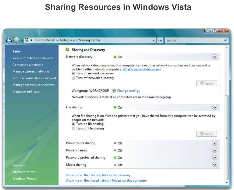 To enable sharing resources between computers connected to the same workgroup, Network Discovery and File Sharing must be turned on, as shown in the figure.