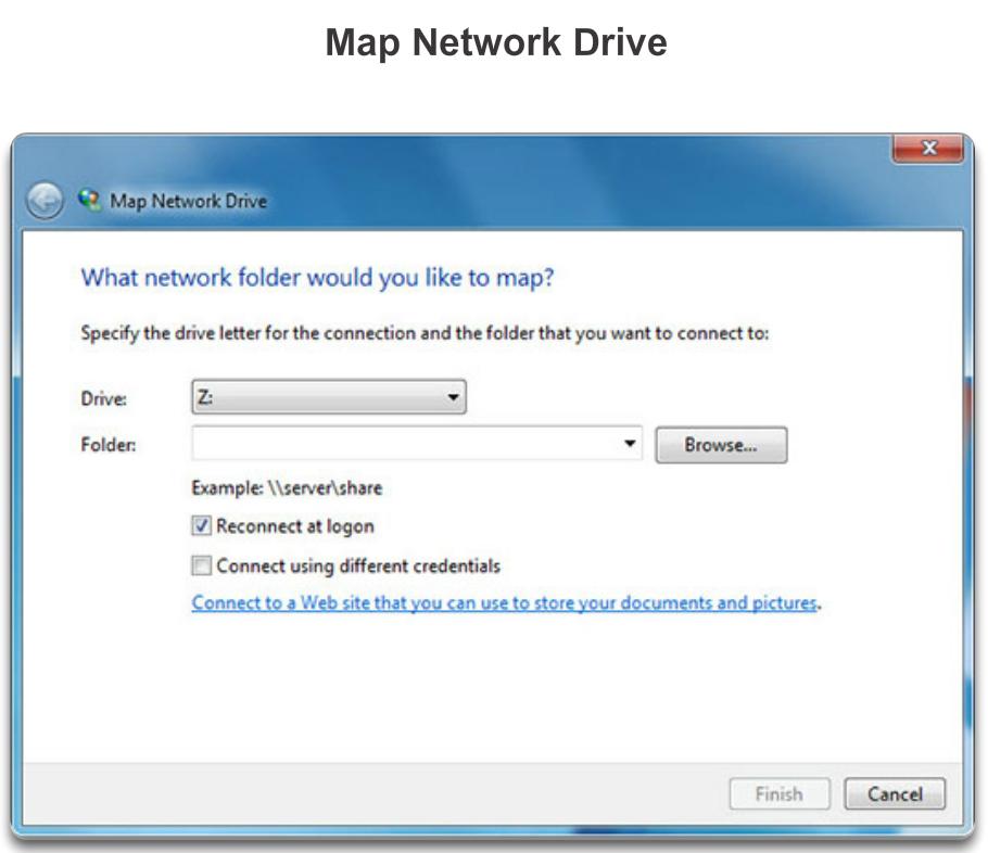Start > right-click Computer > Map network drive. Locate the shared folder over the network and assign a drive letter, as shown in Figure 2.