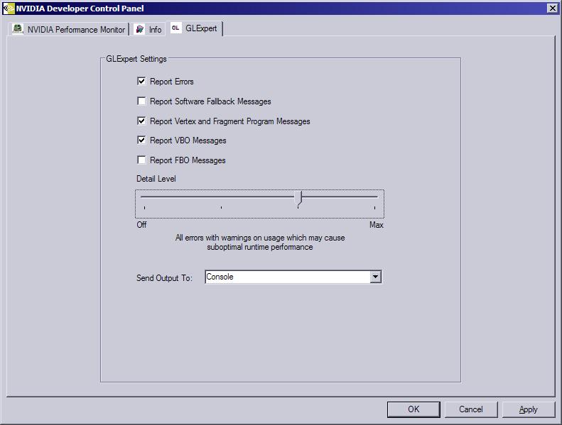 Appendix A GLExpert Configuration for Windows XP On Windows XP, GLExpert is configured using the new GLExpert pane in the NVDevCPL provided with NVPerfKit 2 (pictured below).