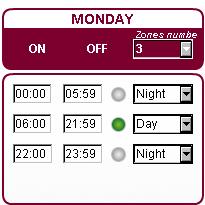 WEEKDAY ZONE SCHEDULING Number of zones of the day (up to 4) Zone starting time (format hh:mm) Zone mode (Night, Day, Day1, Day2) Zone ending time