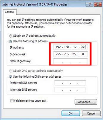 configuration and set the IP address 192.168.12.