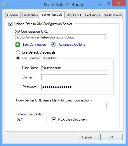 On the XIA Server Upload tab o o o o o Ensure the URL is configured to the cloud address Click Advanced Options Select Use Specific Credentials Enter your cloud