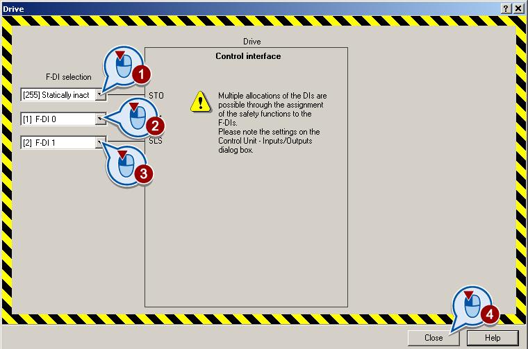 In the following screen, you assign the fail-safe inputs to the safety functions.