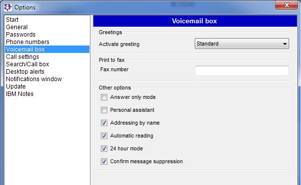 14.5 Greetings Greetings Other options Select one of the voicemail box welcome greetings (greetings defined via the TUI): Standard Personal (internal calls can be distinguished from external calls)