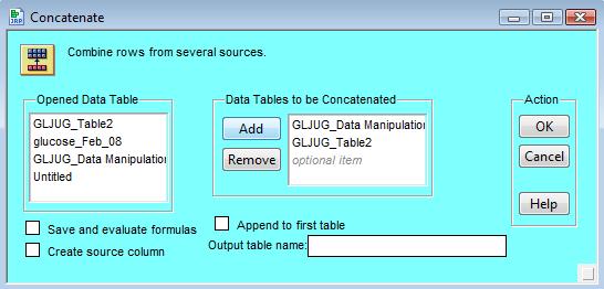Table 1 appears in the Data Tables to be Concatenated box.