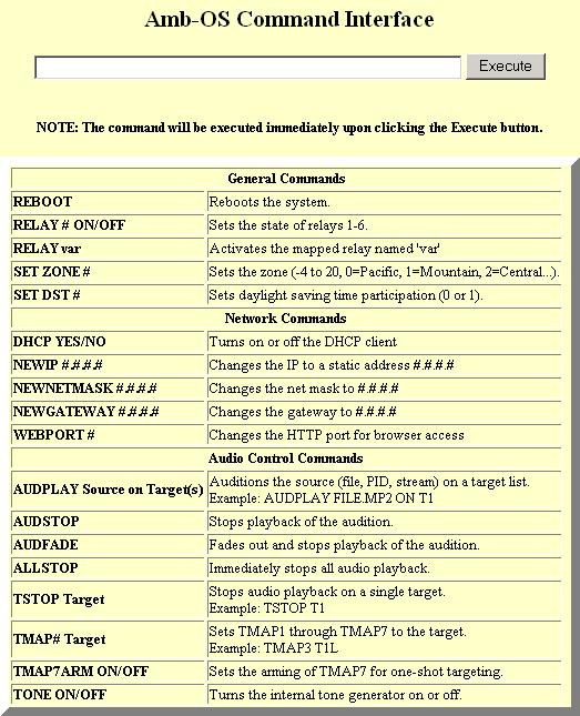 Command Interface This page allows commands to be sent to the receiver. Type the command into the input window and press [ENTER] or click on Execute to send the command to the AMR-100I.