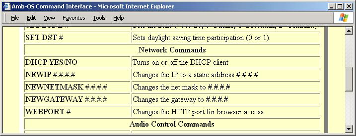 Network Commands DHCP ON/OFF This turns DHCP ON or OFF. Setting DHCP to ON means the AMR-100I s IP address is assigned automatically by the DHCP table in the router.