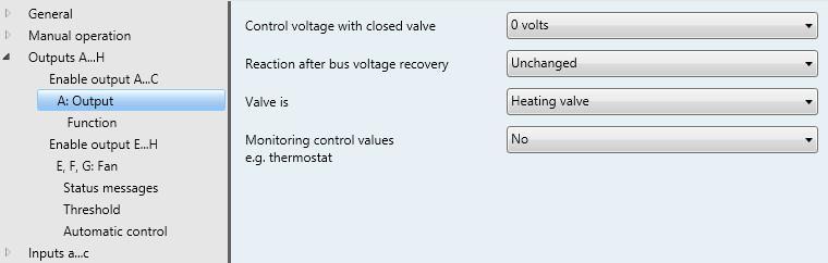3.2.3.4 Parameter window A: Output (valve drive, analog (0...10 V)) All settings for Valve drive analog (0...10 V) are made in this window.