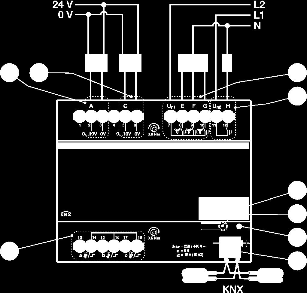 2CDC072018F0013 ABB i-bus KNX Device technology 2.3.10 Connection diagram FCA/S 1.2.1.2 1 Label carrier 6 Valve V1 (e.g. heating) 2 Programming button 7 Valve V2 (e.g. cooling) 3 Programming LED (red) 8 Fan 4 Bus connection terminal 9 Output H 5 Inputs a, b, c Note Terminals 1 and 4 on the FCA/S 1.