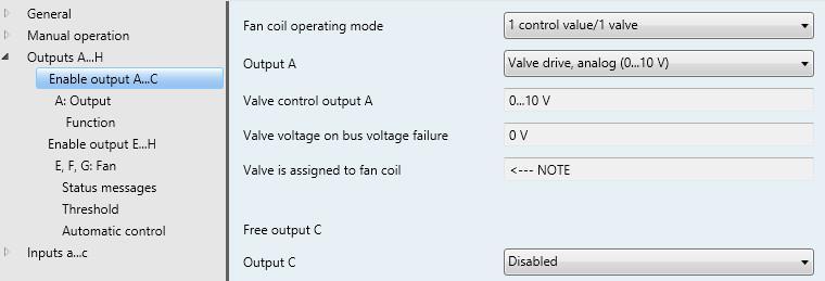 Parameter window Enable output A...D Fan Coil Actuator, 0...10 V Output A Disabled Valve drive, analog (0...10 V) This parameter defines the individual operation mode of the output.