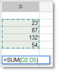 4. Select the range of cells you want to add. The cell range (D2 to D5 in this example) is added to your SUM function: 5.