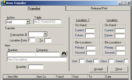 3. The Item Transfer dialog box opens. Click the down arrow in the Action box and select Release. 4.
