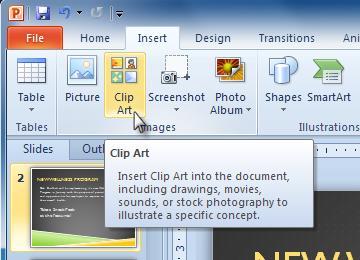 You can also select the Insert Picture from File command in a placeholder to insert images. Inserting a picture from a placeholder To Locate Clip Art: 1. Select the Insert tab. 2.