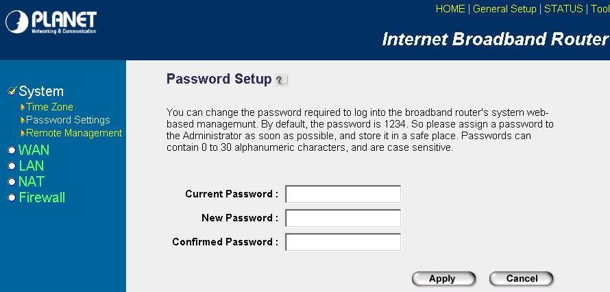 Parameters Current Password New Password Confirmed Password Enter your current password for the remote management administrator to login to your Broadband router.