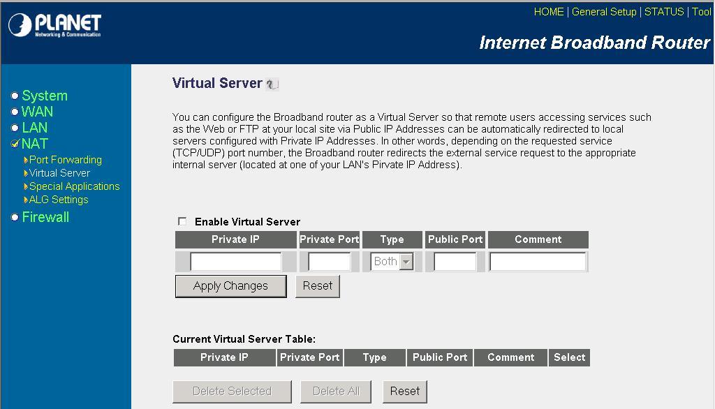 Parameters Enable Virtual Server Private IP Private Port Type Public Port Comment Add Virtual Server Enable Virtual Server.