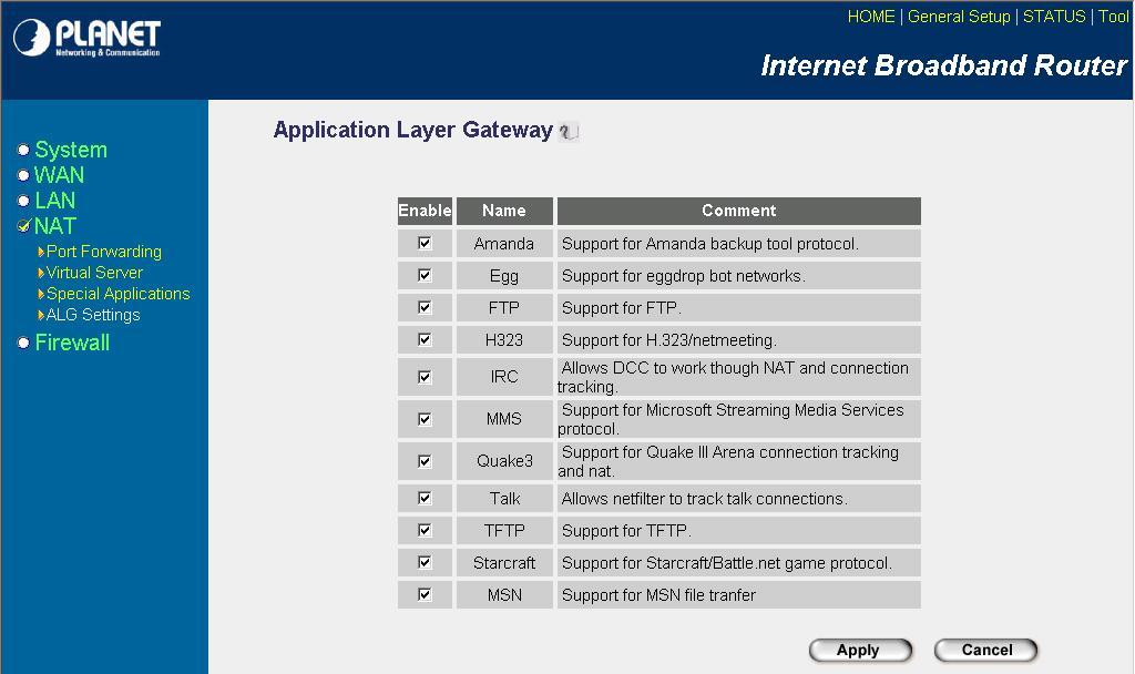 router will allow incoming packets for ports 2300-2400 and 47624 to be directed to that user. Note: Only one LAN client can use a particular special application at a time. 3.4.4 ALG Settings You can select applications that need Application Layer Gateway to support.