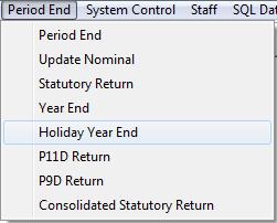 Holiday Year End 143. If your holiday year coincides with the tax year, you can run a Holiday Year End from Period End >> Holiday Year End.