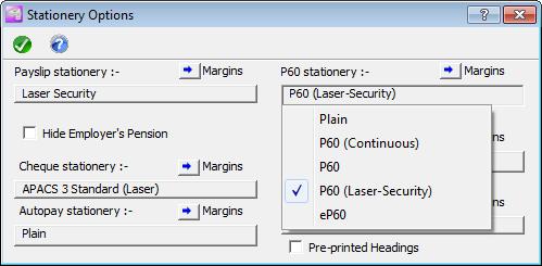 Select the P60 document type that you require by clicking on the dropdown menu under P60 Stationery.