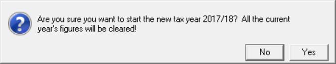 106. You will be asked if you are sure you want to start the new tax year 2017/18. Click Yes to continue. 107. You will be prompted to ensure you have a backup before processing the year end.
