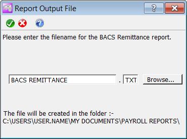 HMRC BACS Export 28. You will be asked if you would like to produce a BACS export for the payment to HMRC. 29. If you say Yes you will be able to rename the file and confirm where to save it.