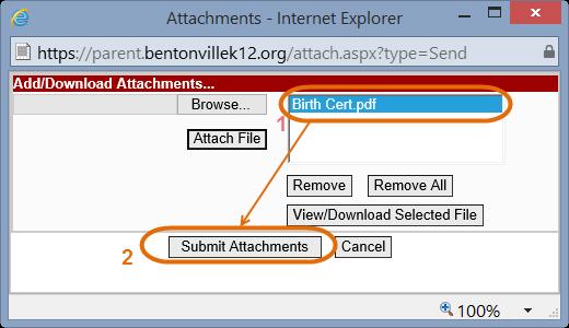 6. After the document s file name appears in the area circled in orange (1), click on the <Submit Attachments> button circled in orange (2). 7.