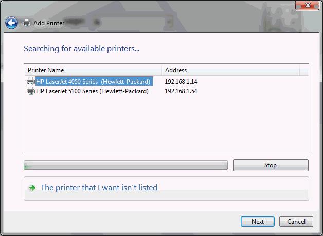 Printing Images Add Printer Window When it is done searching, the progress bar below the list turns completely green. 5.