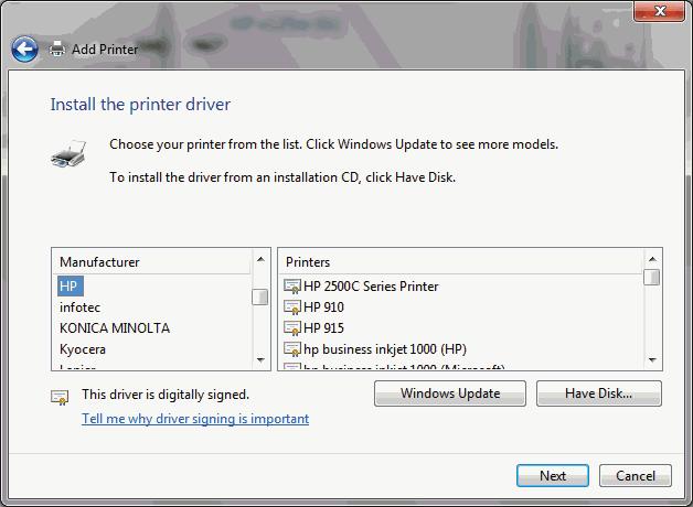 The Add Printer window changes, showing a list of printer manufacturers and a list of models. Getting the Printer Driver 6.
