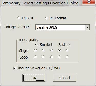 Exporting Studies Temporary Export Settings Override Dialog Box c. To change the image format, choose a format from the Image Format: drop-down menu.