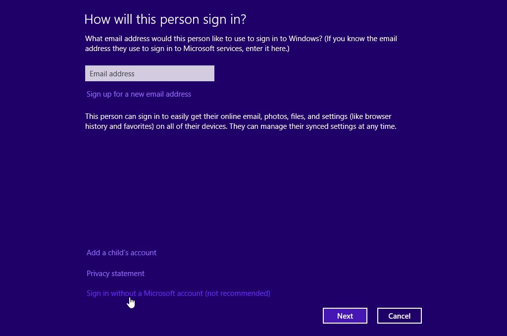 c. The Manage other accounts window opens. Click Add an account. d. The How will this person sign in? window opens. Click Sign in without a Microsoft account (not recommended).