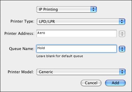 SETTING UP PRINTING ON MAC OS X 11 For IP Printing, type the IP address or DNS name of the printer in the Printer Address field, and type the print connection (Print, Hold, or Direct) in the Queue