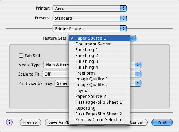 PRINTING FROM MAC OS X 17 20 Choose Printer Features to specify printer-specific options. Specify settings for each selection in the Feature Sets list.