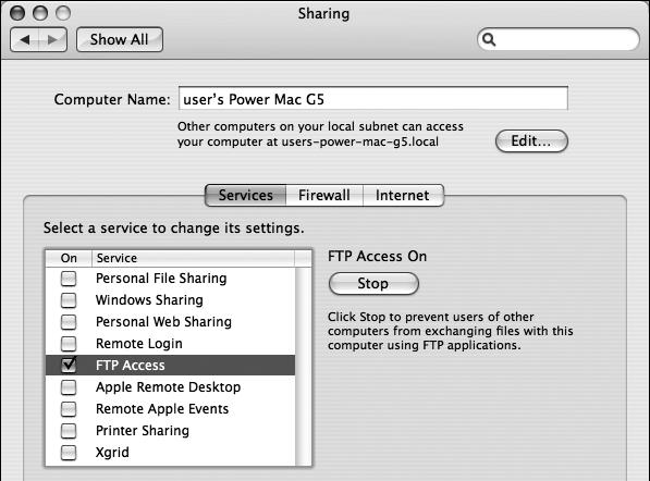 Creating an ftp Server / Macintosh 5 Click [Sharing].