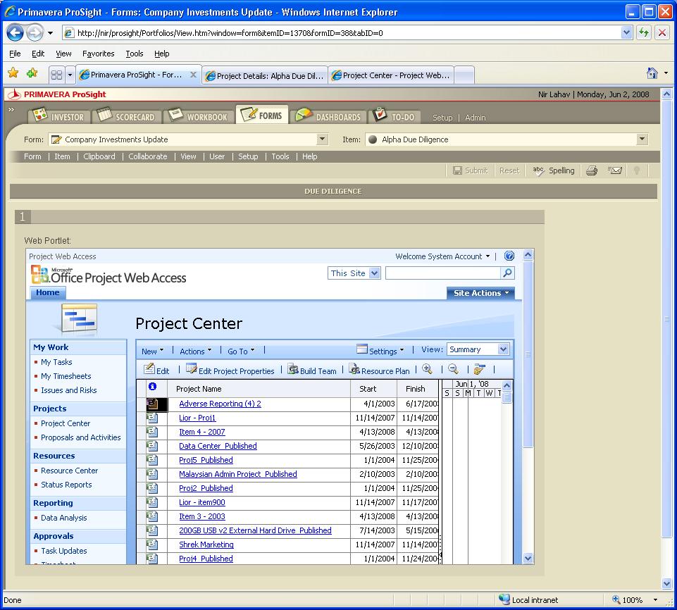 This example shows how the Web Portlet is set to display the inventory