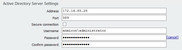 the password of the Administrator user Base Distinguished name This is a setting from Active directory, for example CN=Users, DC=anmiron, DC=l Filter This is a setting from Active directory, for