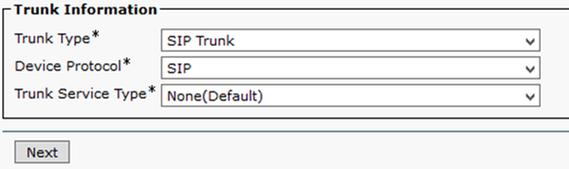 Navigate to Device > Trunks Select Add New In the Trunk Type drop-down menu select SIP Trunk Select Next Enter the information Device Name Enter a name for the SIP Trunk, for example TrunktoCMS