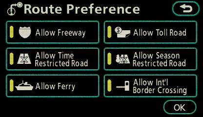 Select the desired Route Preference by touching the Route Preference icon.