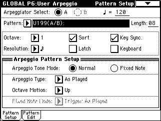3 In Global P6: User Arpeggio, select the Pattern Setup tab. These settings can be changed during or after editing ( p.127 in the Parameter Guide). 9 Select the Pattern Edit tab.