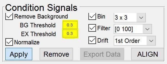 In addition, the Condition Signals tools should be enabled. Check all of the boxes. You might want to make sure the threshold for the background is small enough to get data. Click Apply.