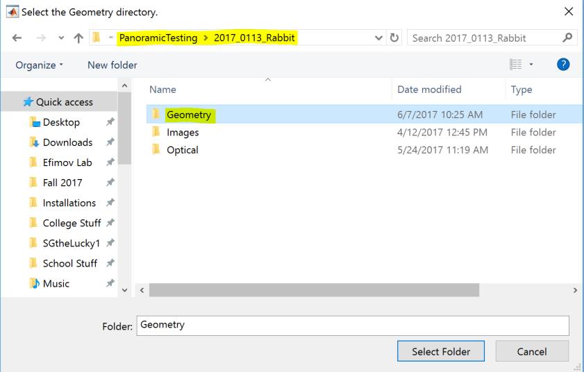 First click Select Directory in the top left corner of the screen, and select the Geometry folder in your data folder.