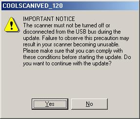 Once a COOLSCAN IV ED is located, the message shown in the illustration above will appear in the message area, giving the version of the firmware that will be written to the scanner during the update.