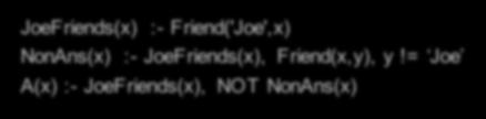 Friend(name1, name2) Find all of Joe's friends who do not have any friends except for Joe: JoeFriends(x) :- Friend('Joe',x) NonAns(x) :- JoeFriends(x), Friend(x,y), y!