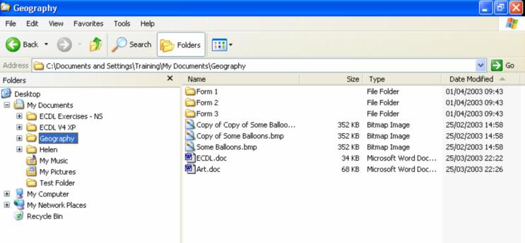 Exercise 14 Copy a group of files to another folder Use your skills to select 3 of the files in the [My Documents] folder (see previous exercises) From the menu bar, select [Edit] [Copy] o To copy