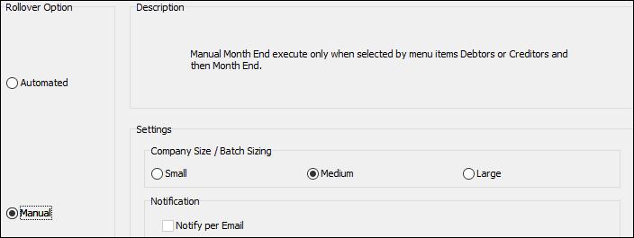 This means that can choose to run this Month End option on the closing date as specified in Company details or you can run the month end later in the month. NOTE: The Manual Month End is date driven.