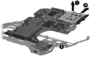 7. Remove the system board (3) from the system board frame by sliding it forward. Reverse the preceding procedure to install the system board.